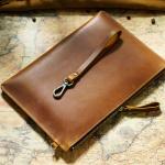 Genuine Leather Vintage Document Organizer Pouch with Zipper Slim File Papers Holder for IPad Mini & Smartphone Travel Office