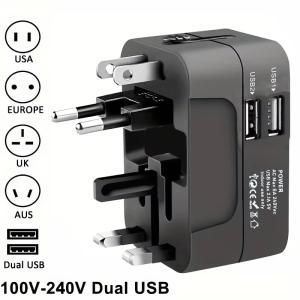 Universal AC power adapter with dual USB charging ports, universal travel plugs and sockets, EU-US AC power adapter
