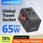Universal Travel Adapter with 4 AC Outlets Max 2400W 2 USB Port 2 Type-C PD 65W Ports All-in-One Fast Charging EU UK US AUS Plug