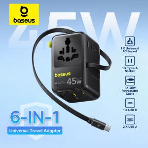【NEW】Baseus 6-IN-1 GaN Phone Charger Universal Travel Adapter 45W/70W Retractable Cable 2AC Socket EU/UK/US Plug USB Charger