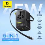 【NEW】Baseus 6-IN-1 GaN Phone Charger Universal Travel Adapter 45W/70W Retractable Cable 2AC Socket EU/UK/US Plug USB Charger
