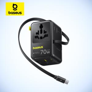 Baseus 70W GaN Charger Universal Travel Adapter EU/UK/USA/AUS Built in 70W Retractable Cable 2AC 2 USB-A Type-C Fast Charging
