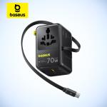 Baseus 70W GaN Charger Universal Travel Adapter EU/UK/USA/AUS Built in 70W Retractable Cable 2AC 2 USB-A Type-C Fast Charging