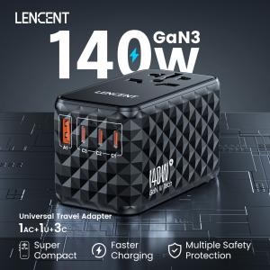 LENCENT 140W GaN Universal Travel Adapter with 1USB-A Ports 3 Type C Fast Charging Power Adapter EU/UK/USA/AUS Plug for Travel