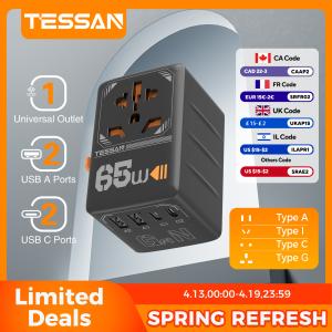 TESSAN 65W GaN International Plug Travel Adapter with USB Type C 140/100/35W Worldwide Universal Power Adapter EU/UK/US/AUS Plug