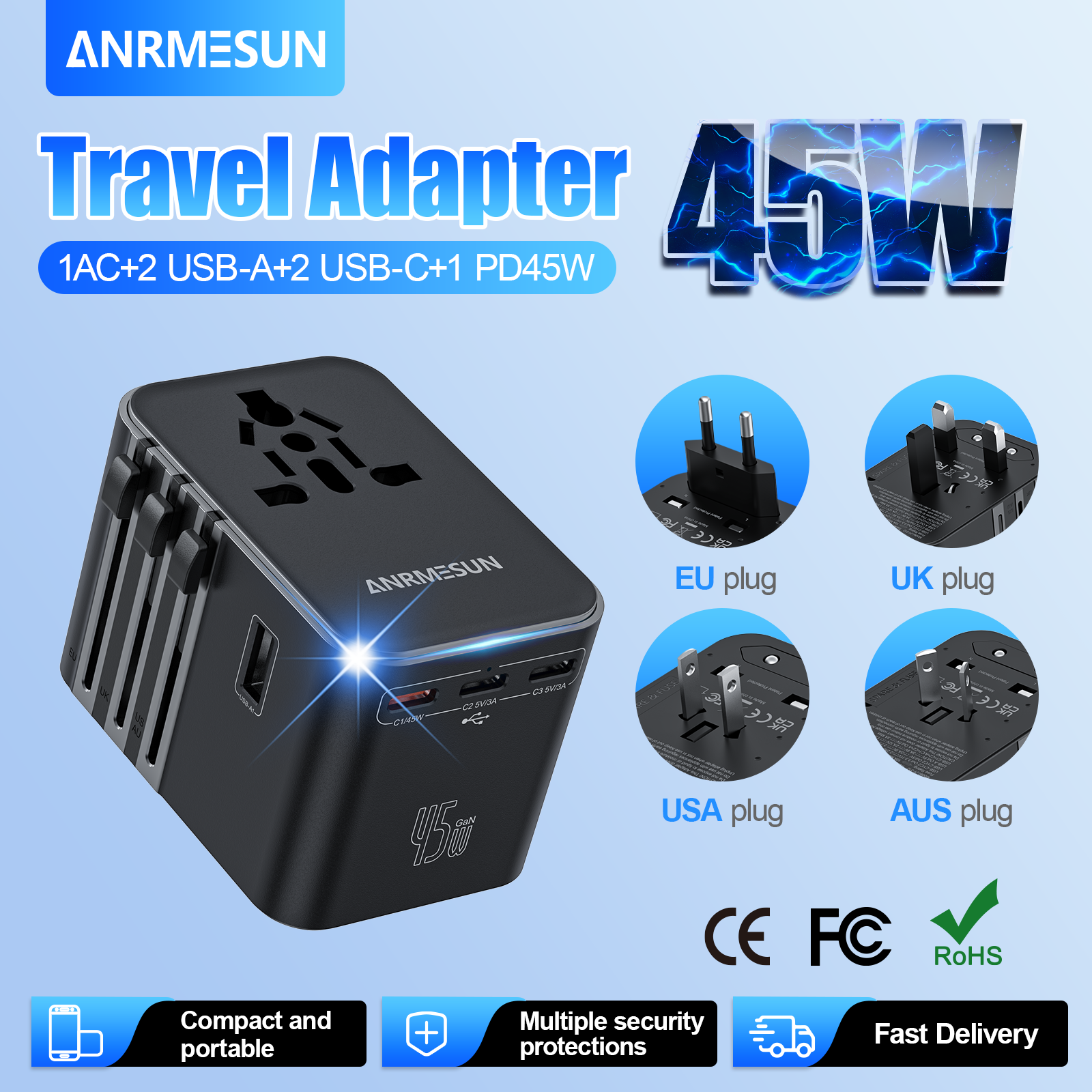 Universal Travel Adapter with 4 AC Outlets 2 USB Port 3 Type-C PD 45W All-in-One Fast Power Charge On EU US AUS Plug Internation