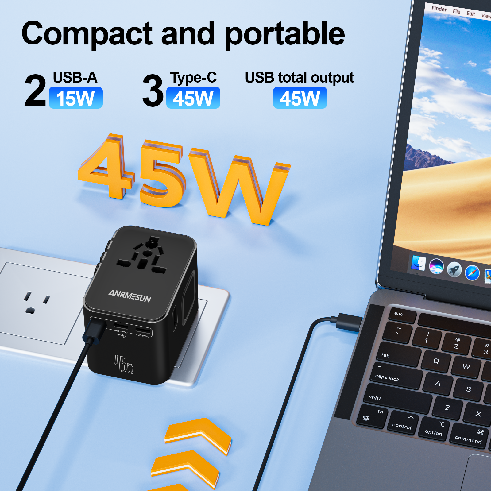 Universal Travel Adapter with 4 AC Outlets 2 USB Port 3 Type-C PD 45W All-in-One Fast Power Charge On EU US AUS Plug Internation
