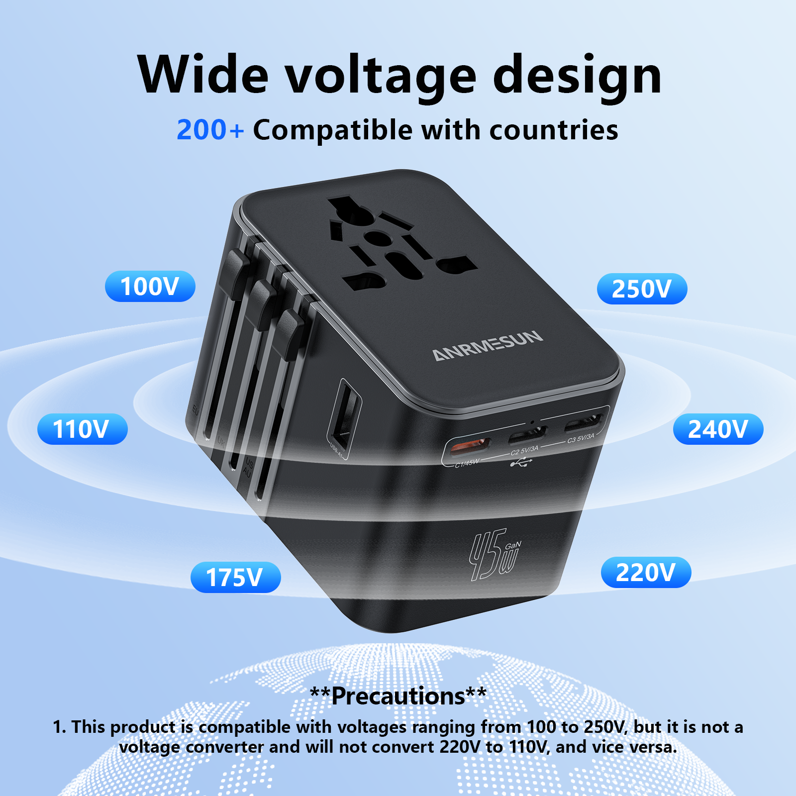 Universal Travel Adapter with 4 AC Outlets 2 USB Port 3 Type-C PD 45W All-in-One Fast Power Charge On EU US AUS Plug Internation