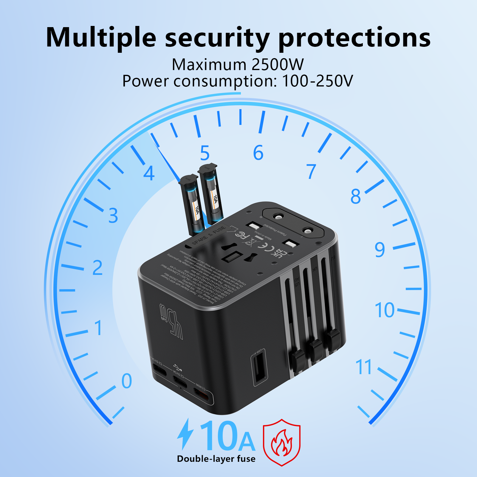 Universal Travel Adapter with 4 AC Outlets 2 USB Port 3 Type-C PD 45W All-in-One Fast Power Charge On EU US AUS Plug Internation