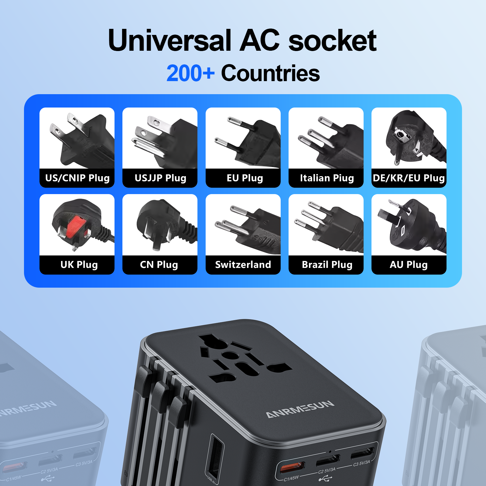 Universal Travel Adapter with 4 AC Outlets 2 USB Port 3 Type-C PD 45W All-in-One Fast Power Charge On EU US AUS Plug Internation