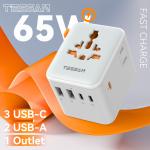 TESSAN 65W GaN Universal Travel Adapter with Extra 2 Prong AC Outlet 2 USB 3 Type C International Plug Adapter for US EU UK AUS
