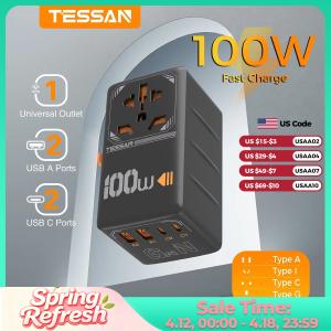 TESSAN 100W GaN Universal Travel Adapter with USB &Type C Fast Charging International Plug Adapter EU/UK/USA/AUS Plug for Travel