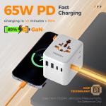 TESSAN 65W GaN Universal Travel Adapter with Extra 2 Prong AC Outlet 2 USB 3 Type C International Plug Adapter for US EU UK AUS