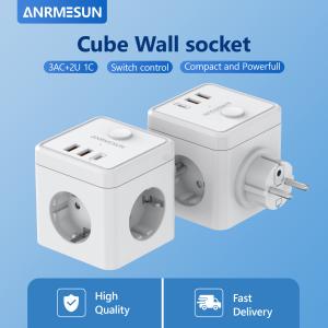 Multiple Wall Socket Extender with Switch 3 Outlets 3 USB Ports Portable Cube Multi Socket Power Adapter Type C Charge On Travel
