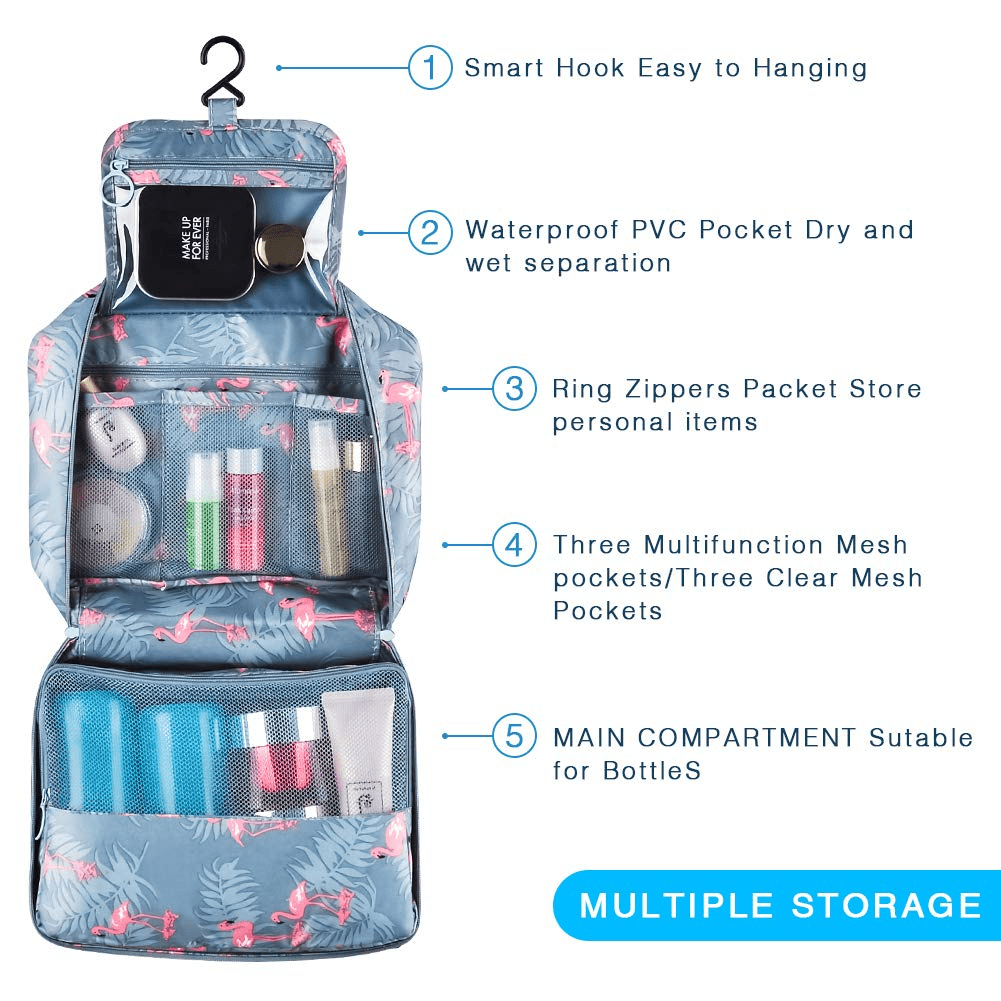 Flamingo Toiletry Makeup Bag, Waterproof & Light Blue