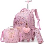 Kids Rolling Backpack for Girls Cute Bowknot Ribbon Backpacks with Wheels for Elementary Students School Trolley Bag on Wheels