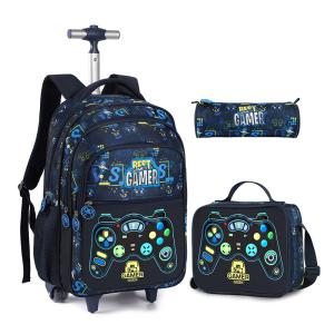School Rolling Backpack with Wheels for Boys Football School Wheeled Backpack Set With Lunch Box Kids Travel Luggage Bags