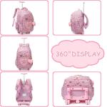 Kids Rolling Backpack for Girls Cute Bowknot Ribbon Backpacks with Wheels for Elementary Students School Trolley Bag on Wheels