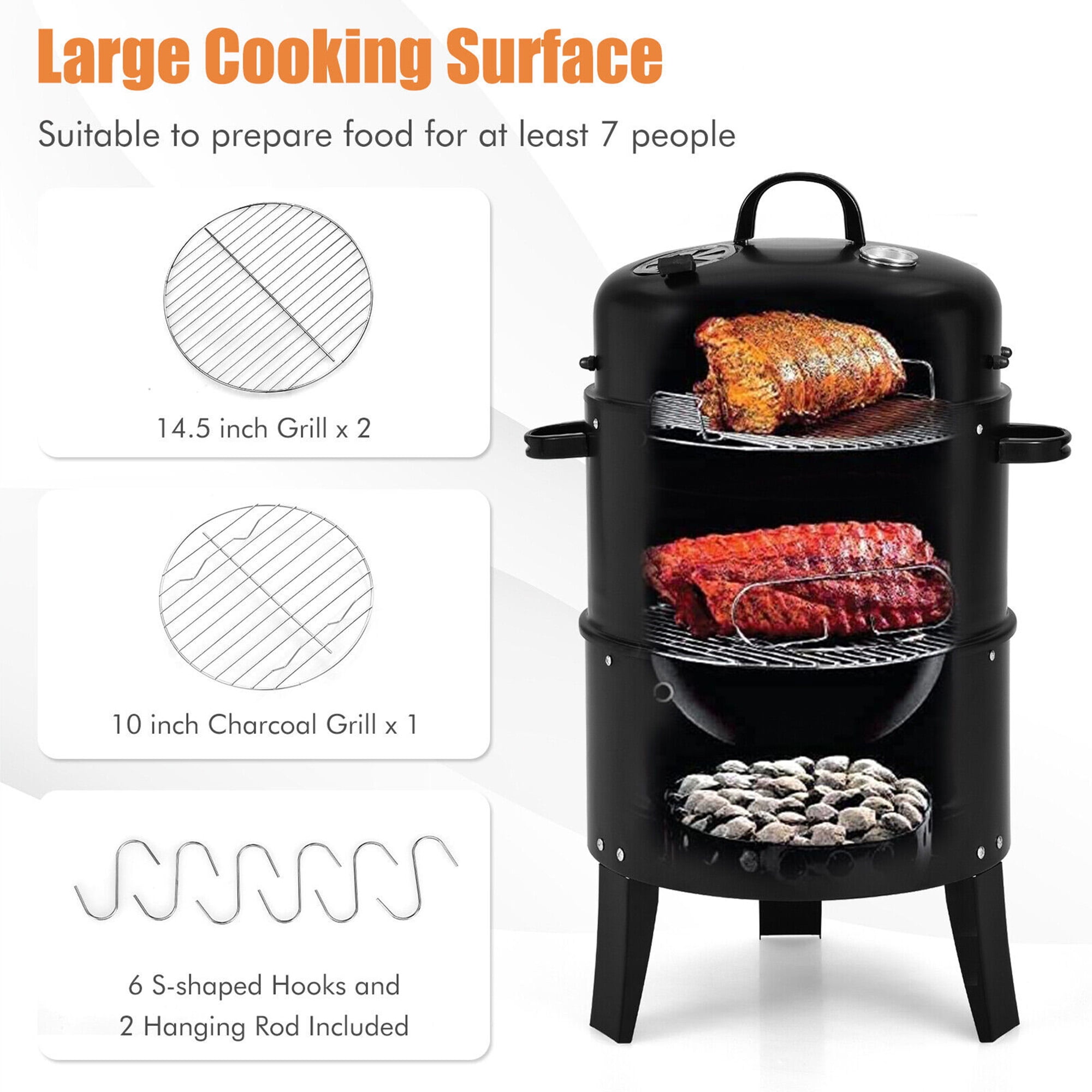 Vertical Charcoal BBQ Smoker Grill with Thermometer - Gymax