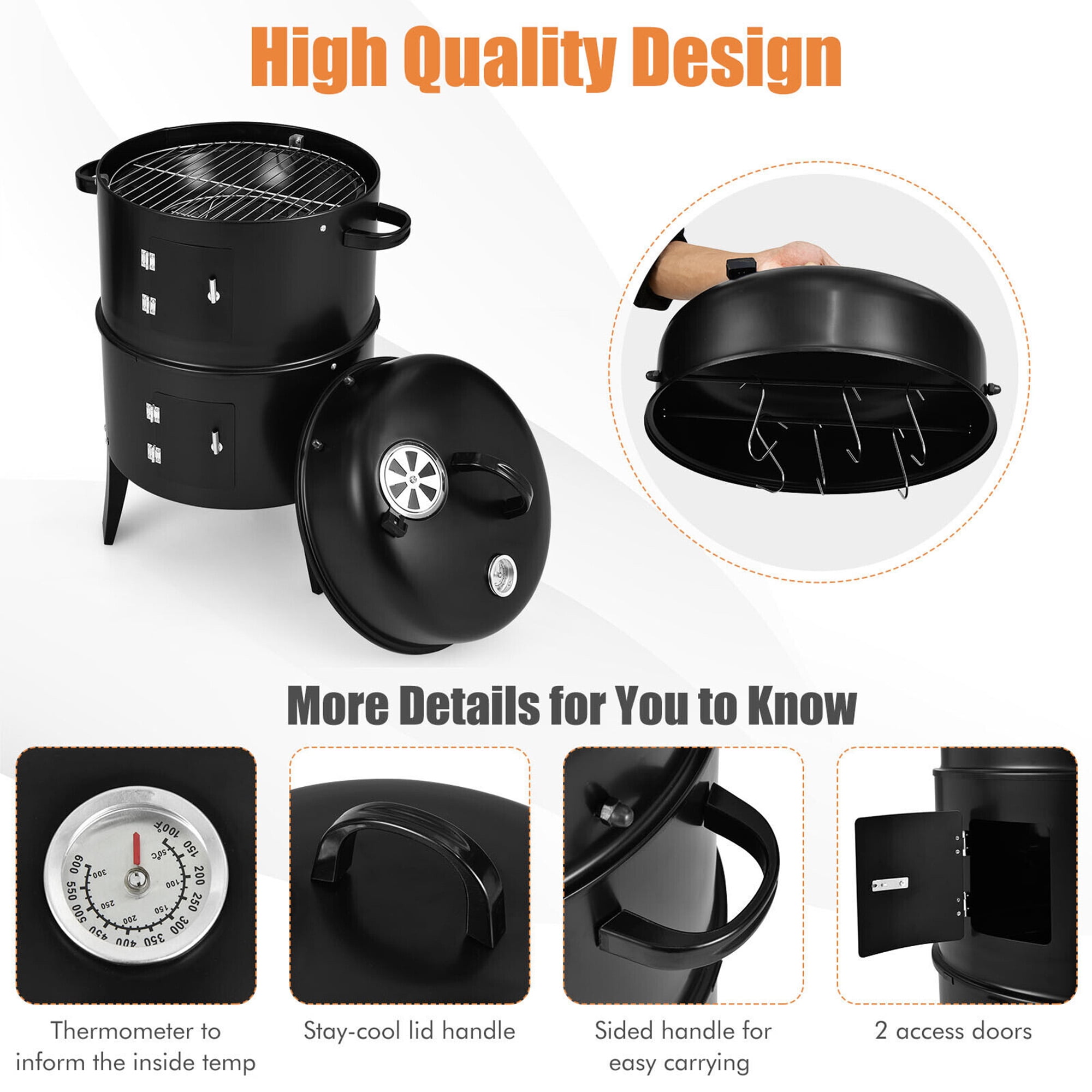Vertical Charcoal BBQ Smoker Grill with Thermometer - Gymax