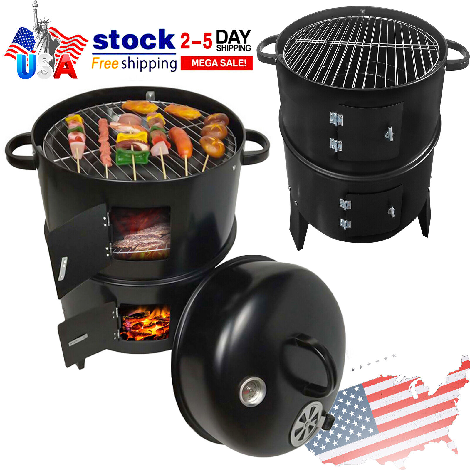 Large 3-in-1 Vertical BBQ Charcoal Smoker Cooker