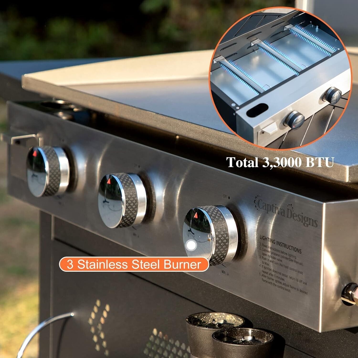 3-Burner Propane Gas Grill with Removable Cart