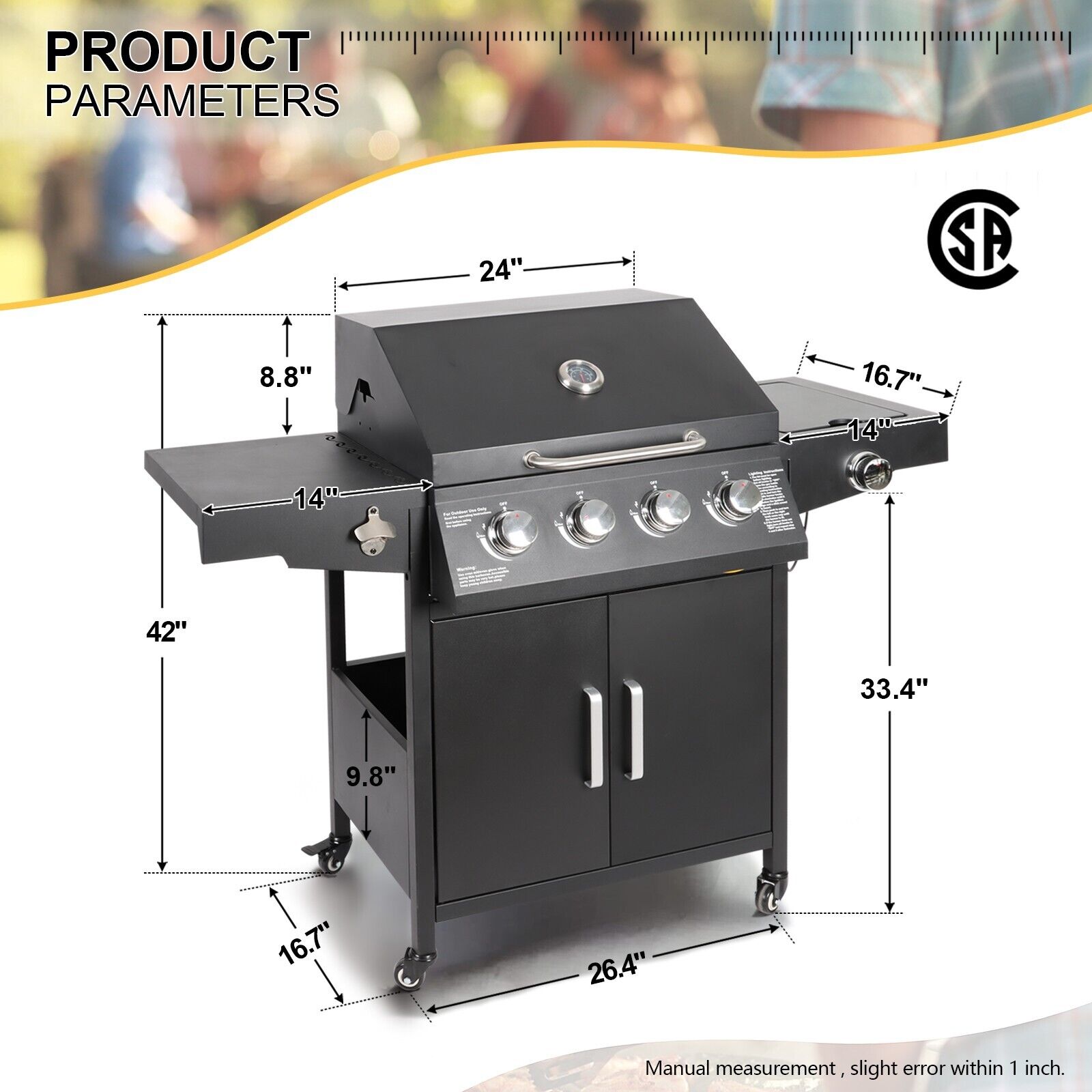 Outdoor Propane Gas Grill with 4 Burners