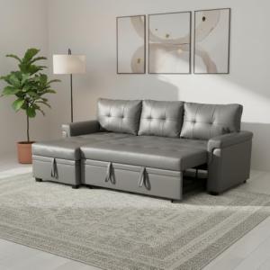 Gray Sectional Sofa with Sleeper Bed & Storage