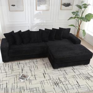 Modern L-Shaped Corduroy Sofa with Chaise and Pillows