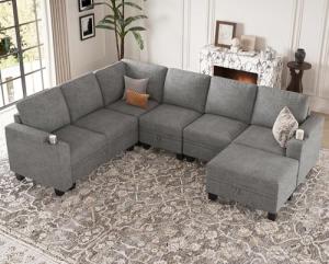 Light Grey Chenille Modular L-Shaped Sofa with Cup Holder