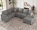 Light Grey Chenille Modular L-Shaped Sofa with Cup Holder