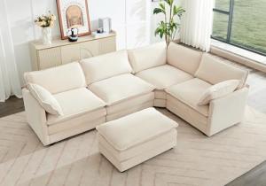Beige 5-Seat Modular Sectional Sofa with Pillows