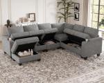 Light Grey Chenille Modular L-Shaped Sofa with Cup Holder