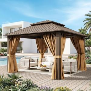 Breezestival 12x12FT Hardtop Gazebo, Metal Frame with Double Galvanized Steel Roof, Permanent Outdoor Pergola with Curtains and Netting Included for Backyard, Patio, Lawn and Garden, Brown
