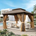 Breezestival 12x12FT Hardtop Gazebo, Metal Frame with Double Galvanized Steel Roof, Permanent Outdoor Pergola with Curtains and Netting Included for Backyard, Patio, Lawn and Garden, Brown