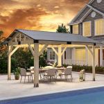 Raysfung 12' × 14' Wood Gazebo, Outdoor Cedar Hardtop Wooden Frame Gazebos with Galvanized Steel Roof for Garden, Patio, Deck