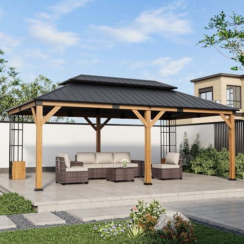 RTDTD 12' x 20' Hardtop Gazebo,Outdoor Cedar Wood Frame Permanent Pavilion with Double Galvanized Steel Roof,Pergola with Lockers & Storage Racks for Patio Lawn Backyard Deck