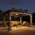 Aoxun 10' x 12' Outdoor Wood Gazebo, Hardtop Gazebo Permanent Wooden Pavilion with Galvanized Steel Double Roof, for Patio, Garden, Deck, Cedar Wood, Grey