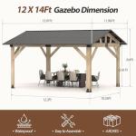 Raysfung 12' × 14' Wood Gazebo, Outdoor Cedar Hardtop Wooden Frame Gazebos with Galvanized Steel Roof for Garden, Patio, Deck
