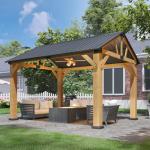 Aoxun 12' x 10' Outdoor Wood Gazebo, Hardtop Gazebo Permanent Wooden Pavilion with Gable Galvanized Steel Roof, for Patio, Garden, Backyard(Nature)