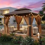 Breezestival 10x12FT Hardtop Gazebo, Metal Frame with Double Galvanized Steel Roof, Permanent Outdoor Pergola with Curtains and Netting Included for Backyard, Patio, Lawn and Garden, Brown