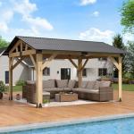 Raysfung 12' × 14' Wood Gazebo, Outdoor Cedar Hardtop Wooden Frame Gazebos with Galvanized Steel Roof for Garden, Patio, Deck