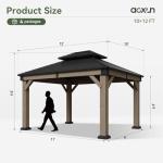 Aoxun 10' x 12' Outdoor Wood Gazebo, Hardtop Gazebo Permanent Wooden Pavilion with Galvanized Steel Double Roof, for Patio, Garden, Deck, Cedar Wood, Grey