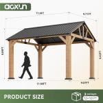 Aoxun 12' x 10' Outdoor Wood Gazebo, Hardtop Gazebo Permanent Wooden Pavilion with Gable Galvanized Steel Roof, for Patio, Garden, Backyard(Nature)