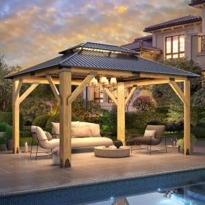 Howsvn 11x13FT Wood Outdoor Gazebo with Steel Roof