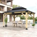 Howsvn 11x13FT Wood Outdoor Gazebo with Steel Roof