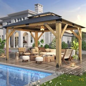 GARTOO 11’x13’ Wooden Patio Gazebo with Vented Roof