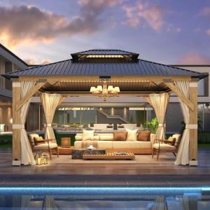 GARTOO 13’x15’ Wooden Patio Gazebo with Curtains