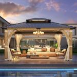 GARTOO 13’x15’ Wooden Patio Gazebo with Curtains