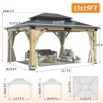 GARTOO 13’x15’ Wooden Patio Gazebo with Curtains